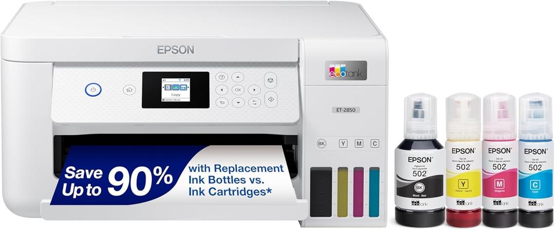 Epson EcoTank ET-2850 Wireless Color All-in-One Cartridge-Free Supertank Printer with Scan, Copy and Auto 2-Sided Printing - White, Medium (White)