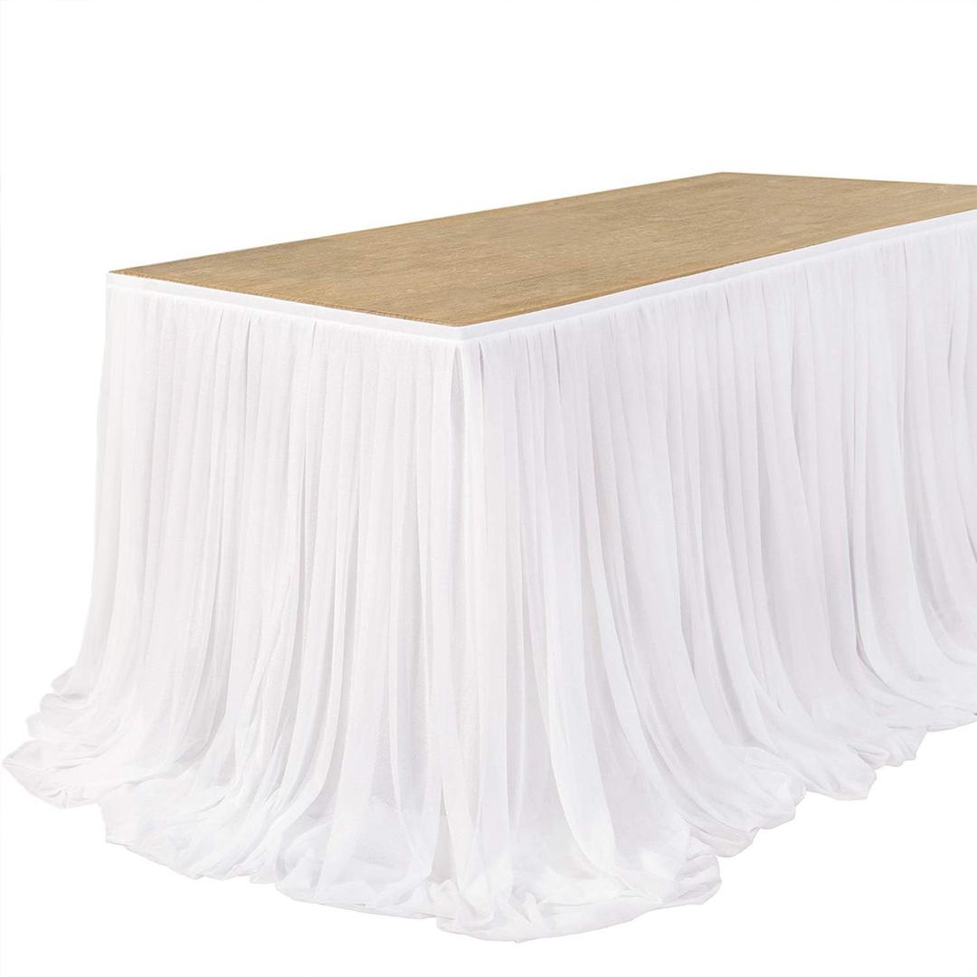 Ling's moment 14FT White Chiffon Table Skirt Recycle Use Extra Long Sheer Tablecloth for Backyard Wedding Reception Decorations Birthday Party Cake Dessert Decor