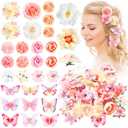 Bencailor 30 Pieces Hair Clips, Handmade Flower Butterfly Hair Clips, Realistic Flower Hair Accessories, Colorful Barrettes for Bride Women Wedding Girls Flower Hair Pins Hairpin (Pink, White)
