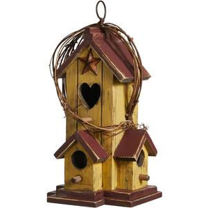 Glitzhome Birdhouses for Outdoors,Hummingbird Houses for Outside, 11.5"H Yellow Hand Painted Distressed Solid Wood Bird Nesting Box Decorative Birdhouse with Rattan Hanging Bird House for Patio Garden