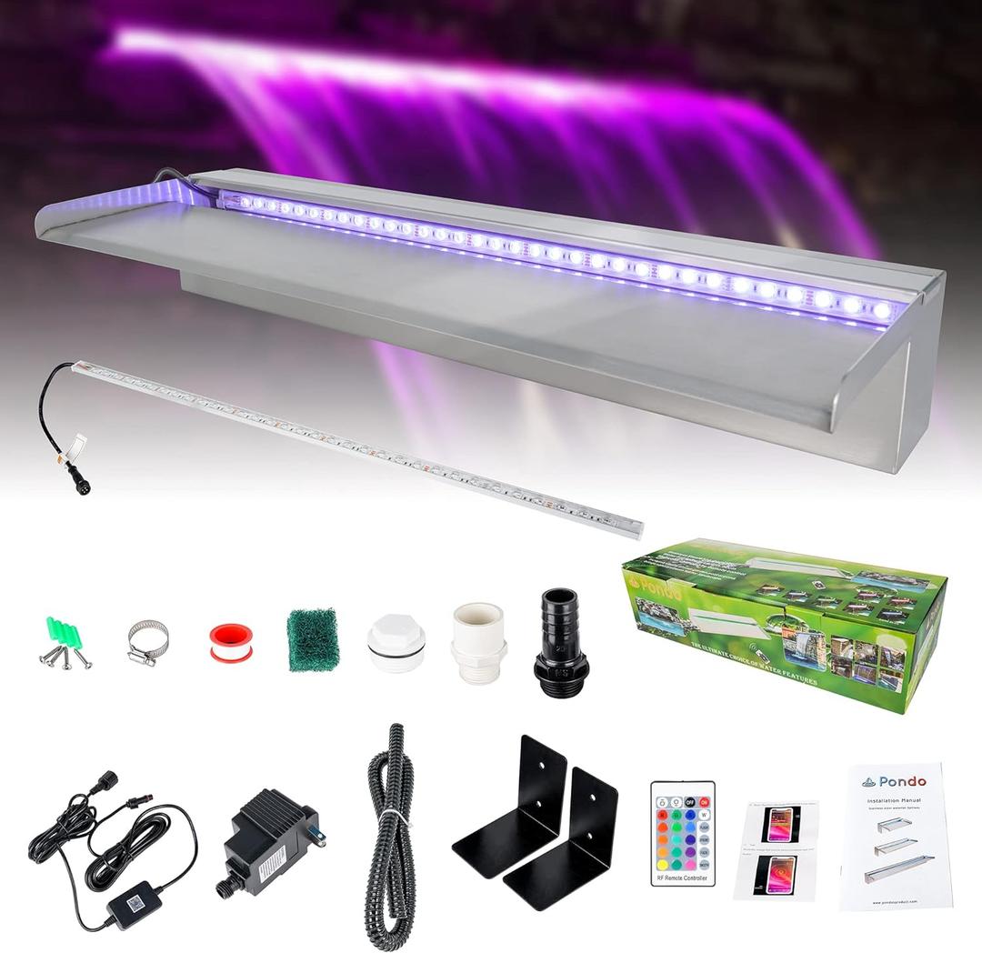 24 Inch APP 304 Stainless Steel Pond Fountains with 16 Color LED Lights, Outdoor Water Patio Waterfall Spillway Kit for Garden Patio, Swimming Pool, Koi Ponds Decoration