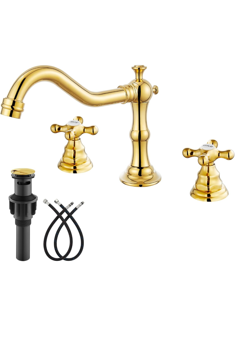 gotonovo Bathroom Faucet 3 Hole 8 Inch Widespread Bathroom Sink Faucet 2 Cross Handles Vintage Lavatory Vanity Mixer Tap with Pop Up Drain, HOT Cold Label, Polish Gold