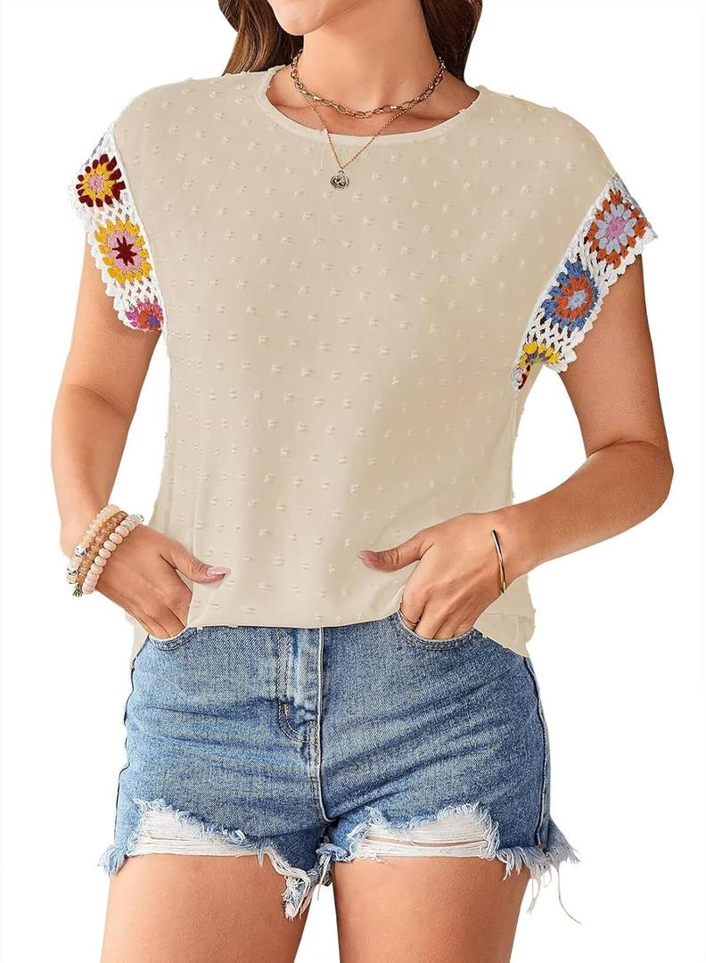 Womens Summer Tops 2025 Boho Tops for Women Color Crew Neck Short Sleeve Casual Blouse (Beige, L)