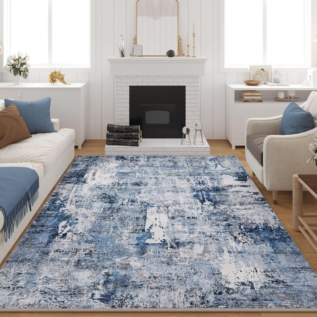 8'x10' Rug Washable Boho Rug Soft Large Area Rug Non-Slip Non-Shedding Faux Wool Vintage Rug for Living Room, Farmhouse, Dining Room, Indoor, Kids Playroom, Blue
