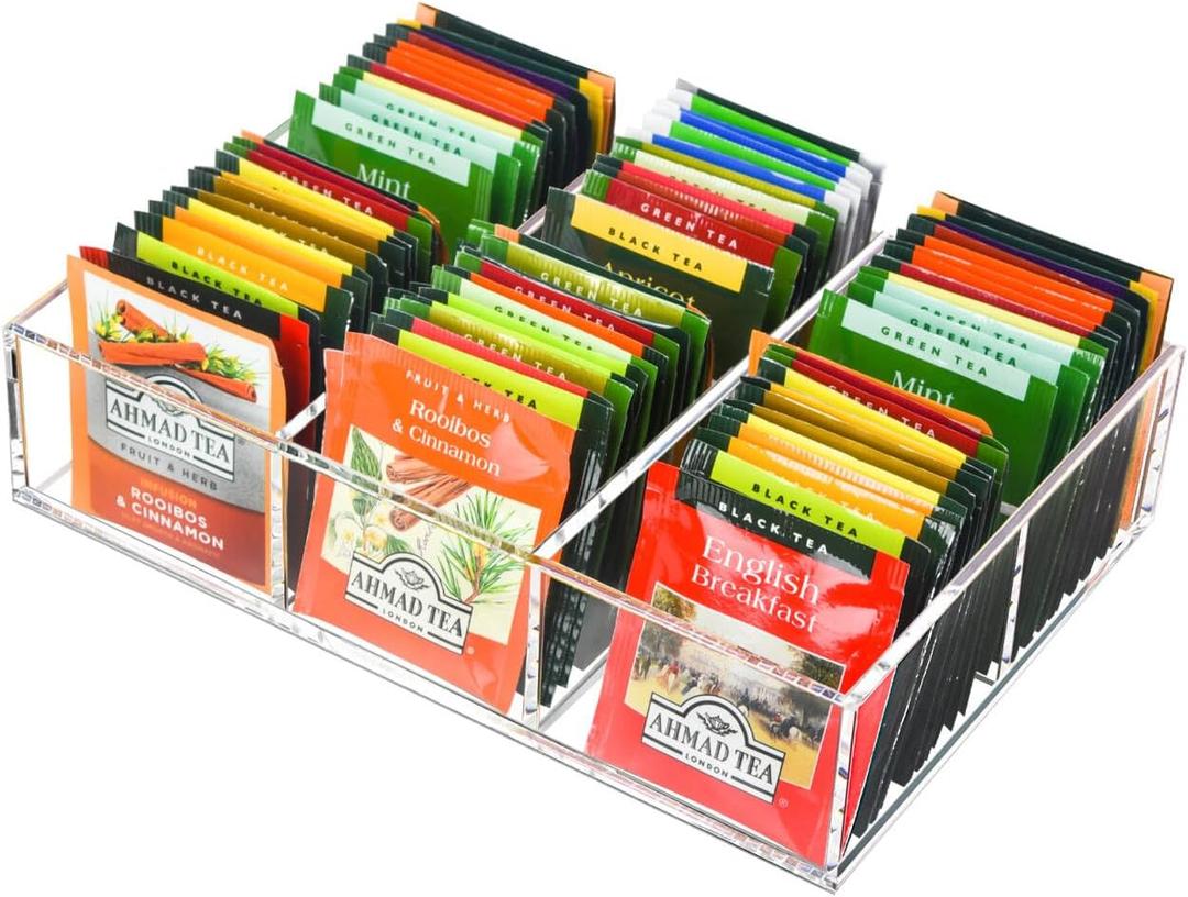 Tasybox Tea Bag Organizer, Clear Acrylic Tea Bag Holder with 6 Slot, Tea Packet Storage for Drawer, Pantry, Kitchen, Cabinet, Countertop