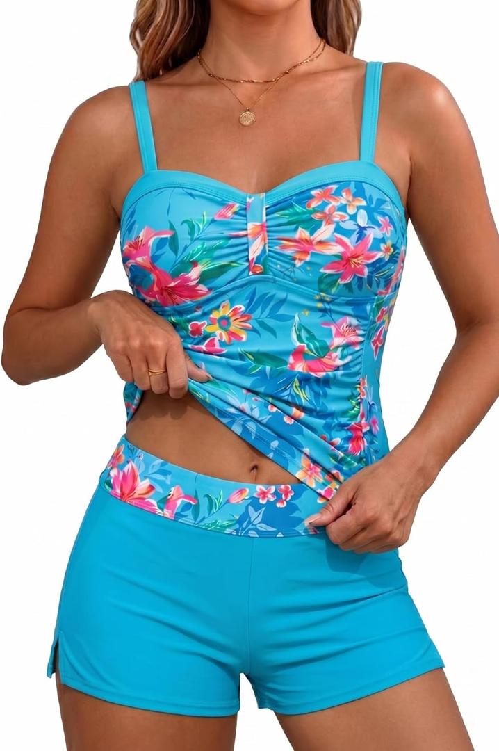 Daci Women's Underwire Tankini Swimsuit - Two Piece Tummy Control Bathing Suits with Pockets Shorts Push Up Swimwear 2026 (X-Large, Blue Floral)