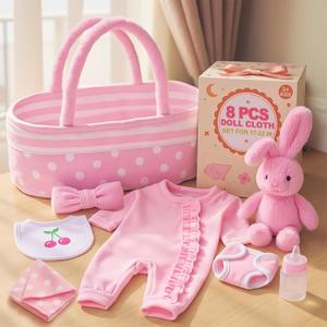 BABESIDE 8 Pcs Baby Doll Accessories, Reborn Baby Dolls Clothes with Bassinet for 17-22 Inch Baby Dolls, Outfit fit Newborn Babies Doll Girl, Babies Pretend Play Set