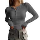 Long Sleeve Shirts for Women, Casual Solid Henley Tops Button Down Shirts, V Neck Blouses Basic Ribbed Knit Shirts for Party (Large, Gray)
