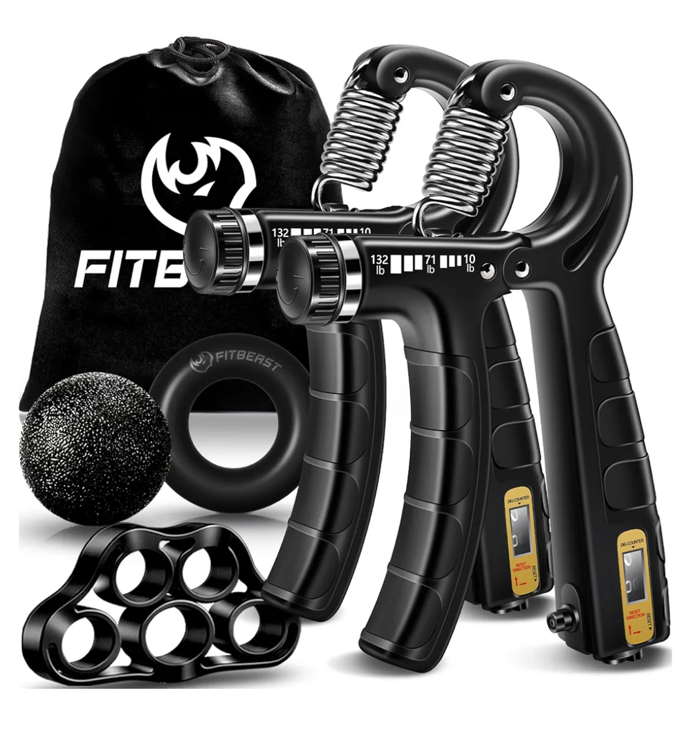 FitBeast Hand Grip Strengthener Workout Kit (5 Pack), 2 Forearm Grip Adjustable Resistance Hand Gripper, Finger Stretcher, Grip Ring & Stress Relief Grip Ball for Athletes