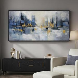 Framed Blue Abstract Wall Art for Living Room, Extra Large Modern Cityscape Canvas Artwork for Walls, Horizontal Contemporary Painting Print for Living Room Bedroom Office Wall Decor, 30x60 Inch