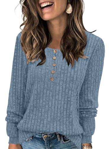DB MOON Womens Long Sleeve Tops Lightweight Sweaters 2026 Fall Henley Shirt Casual Crewneck Loose Tunic L Blue