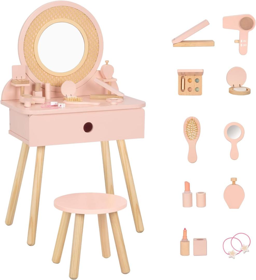 OOOK Kids Vanity Table and Chair Set, Pink Girls Vanity with 11 Pcs Accessories, Enough for Real and Pretend Makeup, Toddler Vanity for 3 Year Old and Up as Ideal Gift