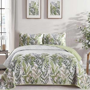 WONGS BEDDING Botanical Quilt Set Queen, 3 Pieces Sage Green Plants Printed Bedspread with 2 Pillowcases, Lightweight Microfiber Floral Bedding Coverlet Set for All Season Queen(96x90)