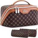 BOYATU Travel Makeup Bag Cosmetic Bags for Women: 3 Pcs Set Large Portable Make up Bag with Handle - Vegan Leather Toiletry Bags with Compartments - Makeup Organizer for Travel Essentials(A-1-Coffee)