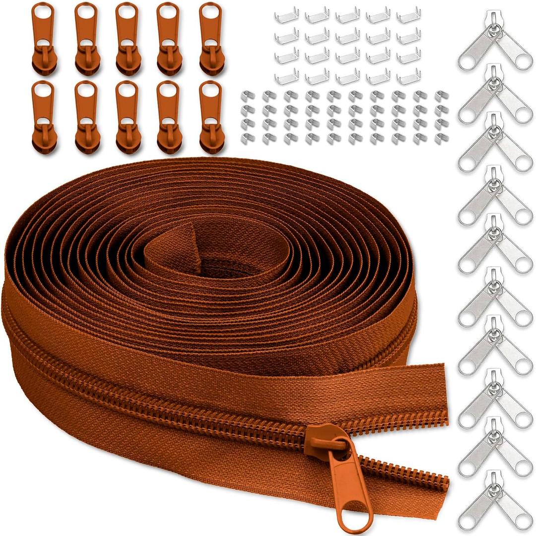 #5 Nylon Zipper Tape for Sewing: YZSFIRM 10 Yards Dark Orange by The Yard Nylon Coil Zippers for DIY Sewing Craft with 10 Bulk Metal Zipper Slider and 10 Double Slider