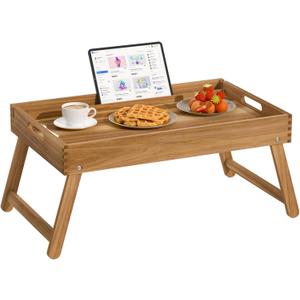 22"x14" Acacia Wood Folding Bed Tray Table, Extra Large Breakfast in Bed Tray with Raised 7.9" Leg Space, Foldable Legs, Tablet & Phone Slots, Cable Grooves, Food Tray for Bed