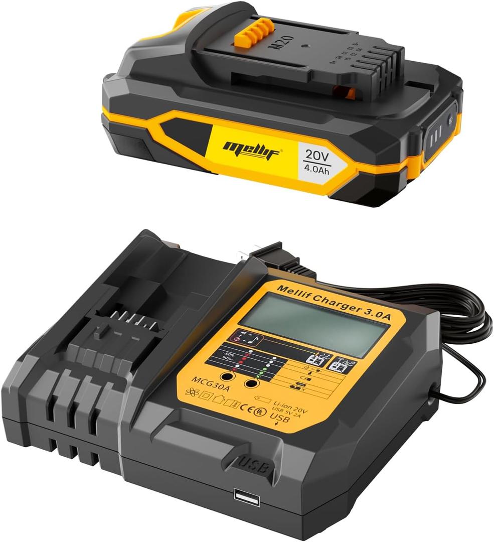 Mellif 20V 4.0Ah Battery and Fast Charger Kit, Replacement for DeWalt 20V MAX Battery and Charger, Compatible with DeWalt and Mellif Tools, Smart Charging with LCD Display
