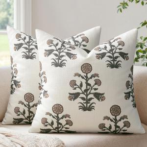 MIULEE Set of 2 Vintage Pillow Covers Neutral Decorative Floral Throw Pillows Block Print Boho Farmhouse Cushion Covers for Modern Rustic Home Decor Sofa Bed Living Room, 18 x 18 Inch, Brown