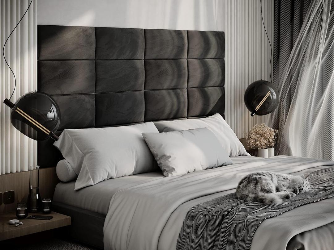 (4 Pack) Velvet Headboard Upholstered Soft Decorative Wall Panels | Padded Boards | Cladded Decor Anti-Collision | Acoustic and Soundproof Treatment | (Black (2219), 10"x20" (25x50cm))