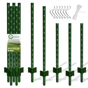 5 Feet (L) Fence Post 10 Pack Metal Fence Posts, Green Garden Fence Post with 20 Zip Ties and 20 Metal Clips, for Wire Fencing, Yard, Lawn, Outdoor Landscaping