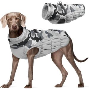 FUAMEY Dog Coat for Large Dogs,Waterproof Dog Winter Jacket with Harness Built in Puppy Cold Weather Coats Reflective Pet Vest with Zipper Warm Fleece Dogs Snowsuit Windproof Grey Camo L (L(chest:24in))