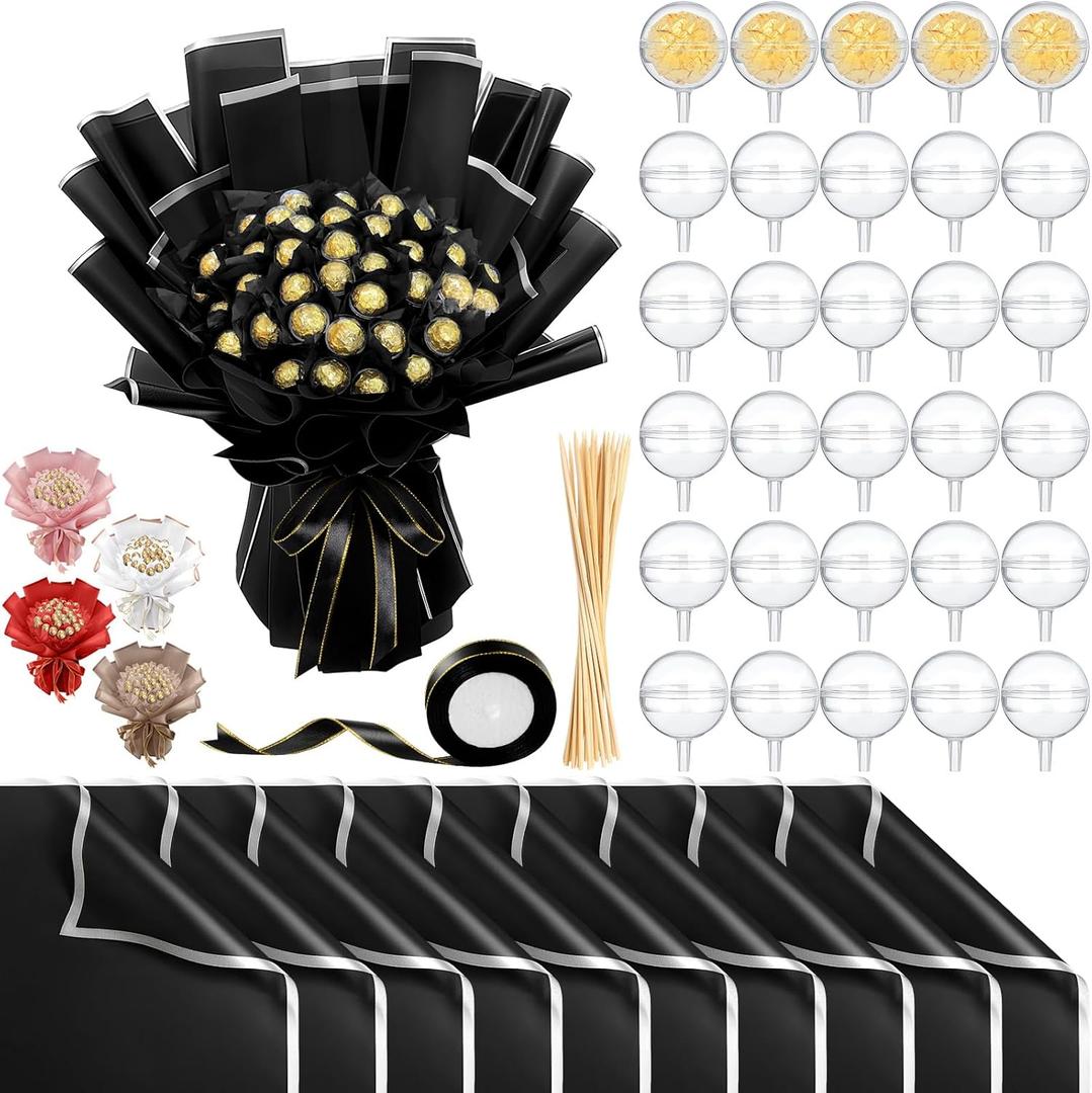 71 Pcs DIY Chocolate Flower Bouquet Kit Graduation 2026 Candy Rose Clear Acrylic Lollipop Ball Holder Mother's Day Flower Wrapping Paper Ribbon Accessories Birthday Gift(Black and Silver)