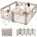 Sweeby Foldable Baby Playpen, 79x71 Playpens for Babies and Toddlers Large Play Yard with Door Baby Fence with Gate and Indoor & Outdoor Play Pen, Light Khaki