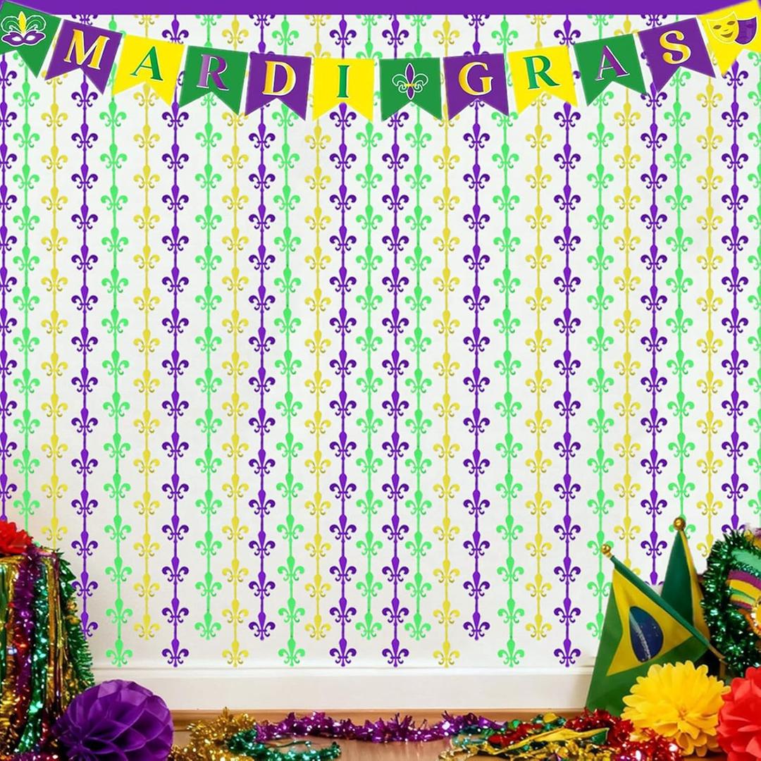 Mardi Gras Tinsel Backdrop 2 Pack Mardi Gras Metallic Fringe Curtain Purple Gold Green Color Foil Backdrop Party Streamer Mardi Gras Photo Booth Props for Carnival Bithday Party Decoration, 3.3x6.6ft
