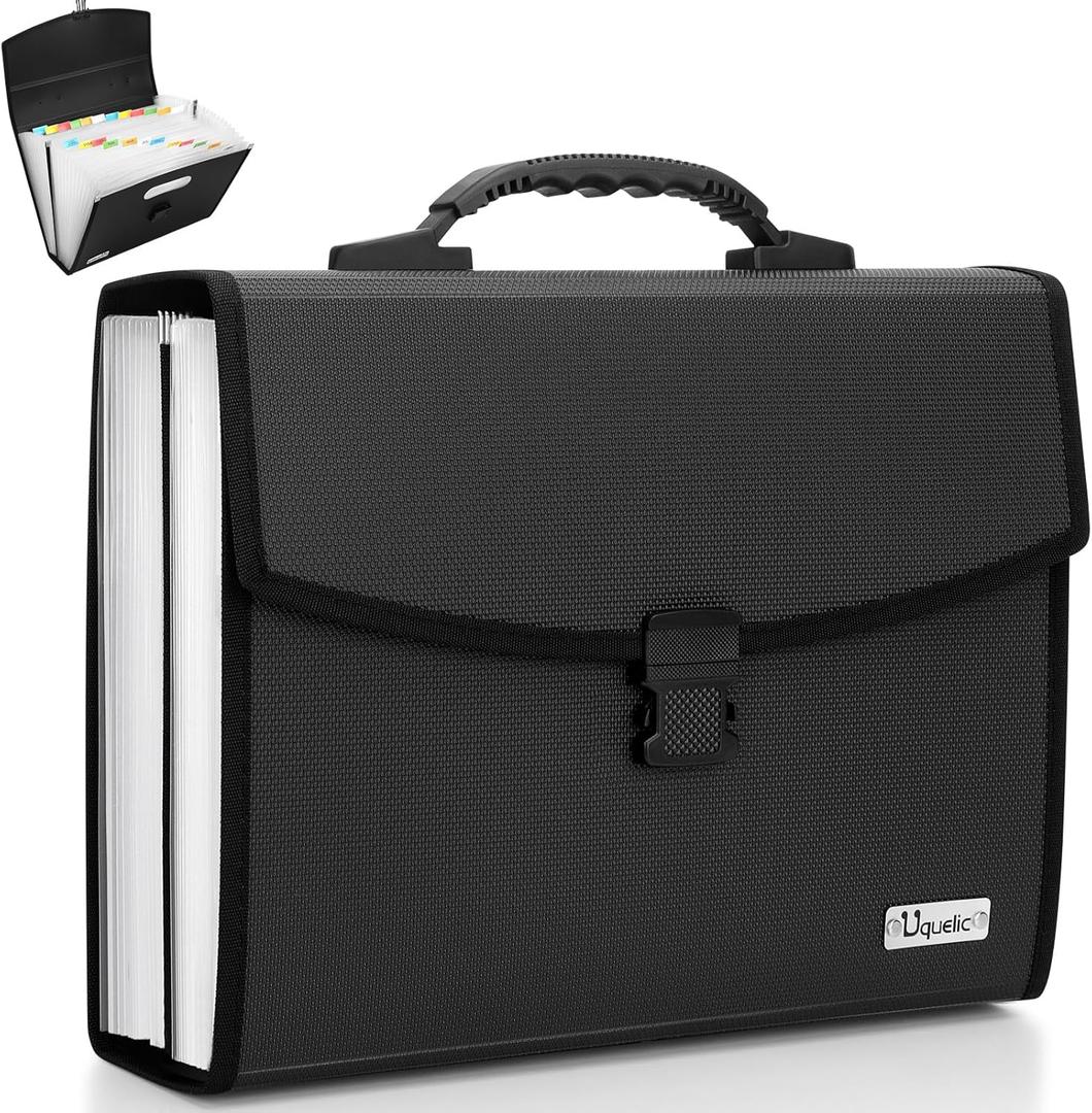 Uquelic 26 Pockets Expanding File Folder Organizer - Upgraded Durable Buckle, Accordion Folder Base with Ergonomic Portable Handle/Large A4 Letter Size Document Organizer, Folders with Pockets (Transparent)