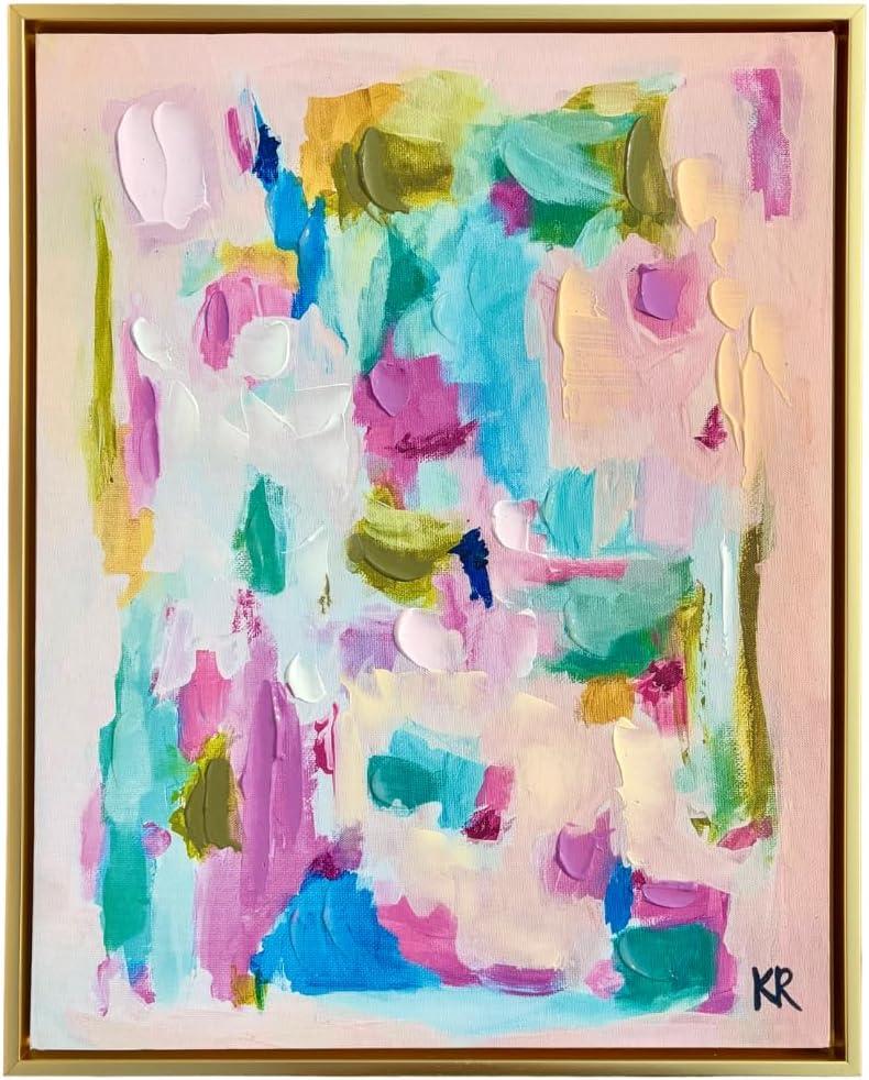 Framed Abstract Canvas Wall Art, Colorful Modern Painting in Gold Float Frame, Pink Blue and Green Artwork for Living Room, Bedroom or Office, 16x20