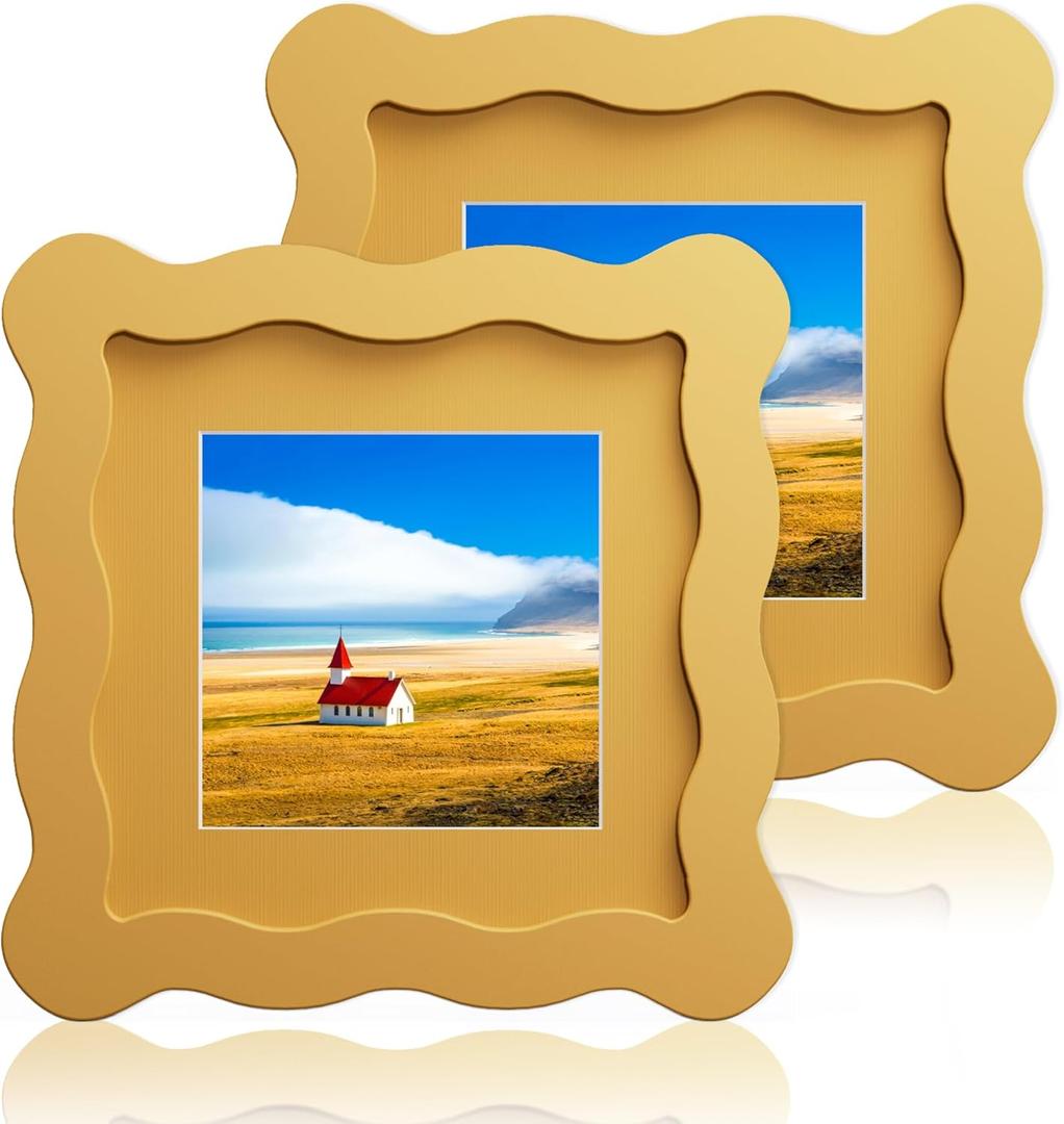 4x4 Wavy Picture Frame With Mat For 3x3, Wavy Edge Wooden Picture Frame with Real Glass - Wall Mount and Tabletop Display, Yellow, 2 Pack