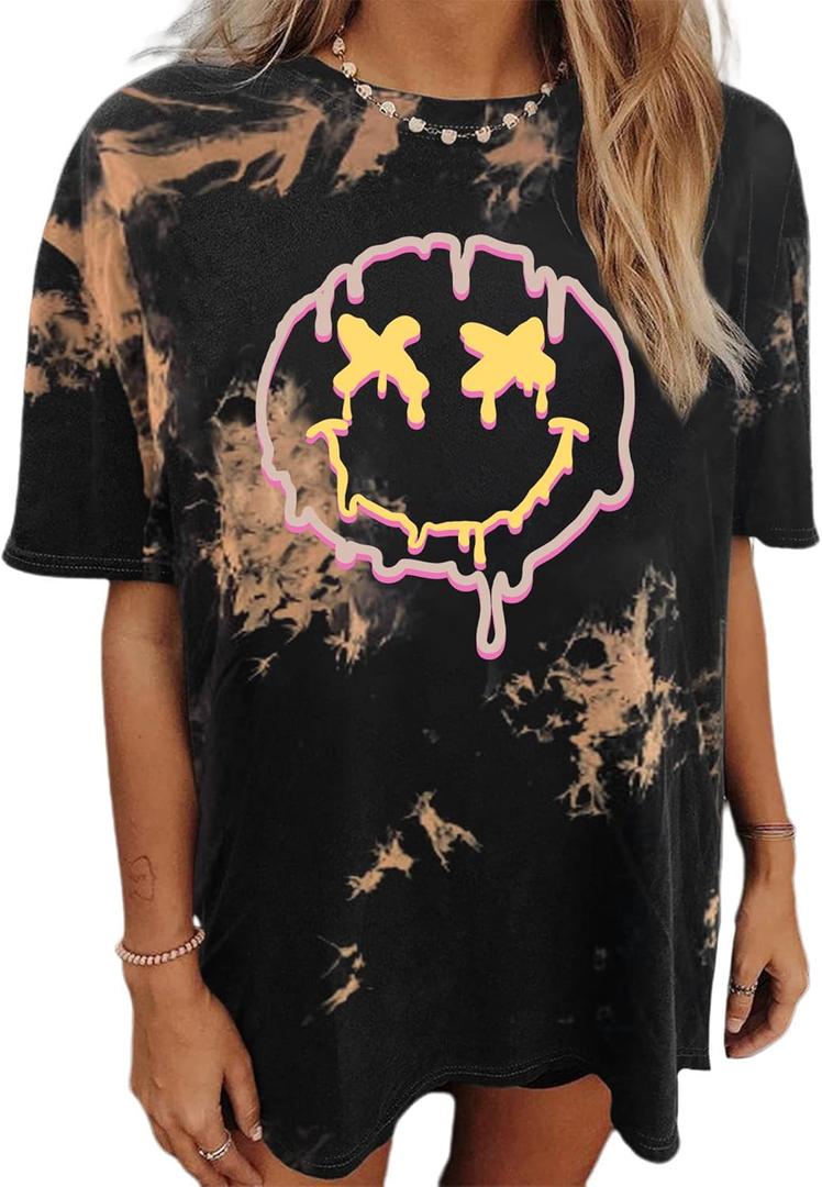 Avanova Women Tie Dye Oversized T Shirts Smiley Face Graphic Tees Short Sleeve Loose Fit Tops Tie Dye Brown W XX-Large (XXL)