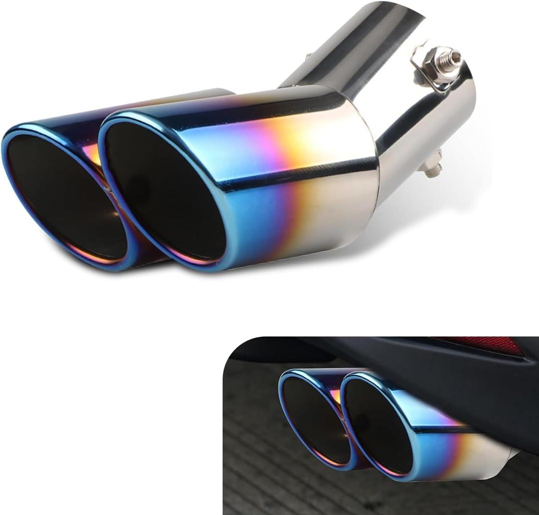 Dual Exhaust Tip, Stainless Steel Bending Muffler Exhaust with Bolt, 2.5" Inlet Dual Tail Pipe Muffler Tip, Exhaust Pipe Modification Accessories, Universal Muffler Tail for Cars (Baked Blue) (1 PC, Baked Blue #Curved Bevel Mouth)
