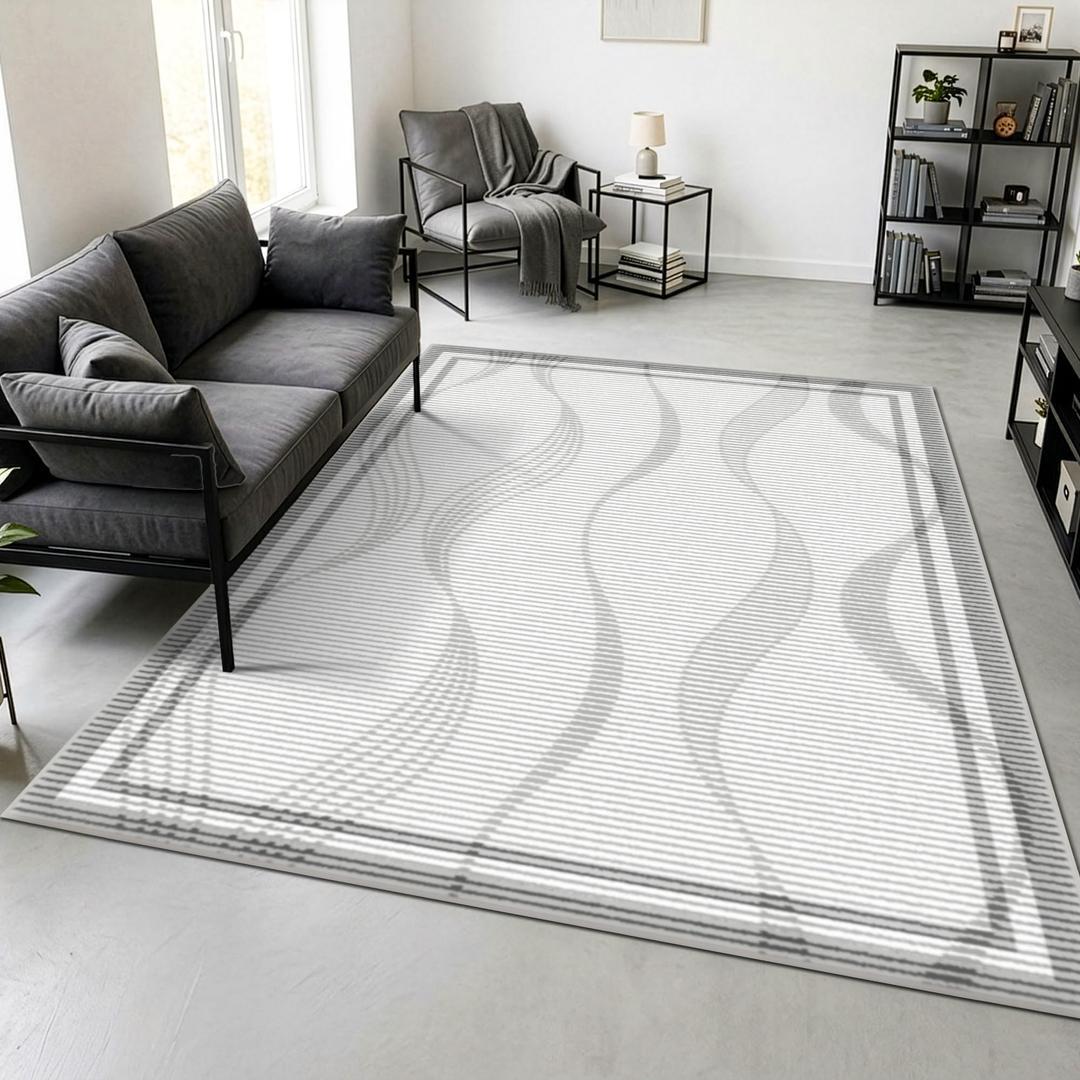 Merelax 5x8 Area Rug for Bedroom - Washable Non-Slip Large Area Rug, Indoor Floor Carpet Low Pile Soft Farmhouse Rug for Dining Room, Mudroom, Modern Aesthetic Abstract Geometric Decor, Grey
