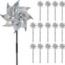 MorTime 15 Pack Reflective Pinwheels with Stakes, 18.5" Plastic Bird Blinder Sparkly Pin Wheel Scare Birds and Animals Away Spinner Pinwheels for Lawn Yard Garden Farm