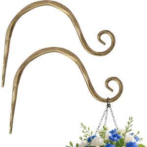 BEGINS Plant Hangers Outdoor Wrought Iron Metal Hanger Hook 2 Pack 8 inch Wall Bracket Hooks for Flower Pots, Wind Chimes, Solar Lanterns, Garden Decor, Gold