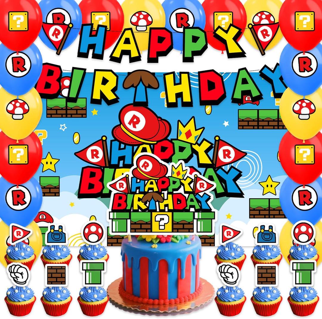 42pcs Super Brother Birthday Party Decorations Includes Cake Toppers,Cupcake Toppers, Banner, Backdrop, Balloons - Super Game Theme Party Supplies Set for Boys Girls