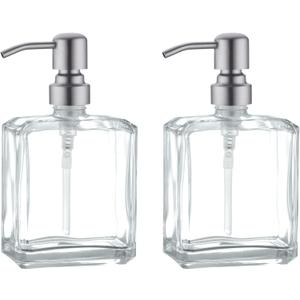 Square Clear Glass Dish Soap Dispenser Set 2 Pack, Refillable Hand Soap Dispenser with Rust Proof Stainless Steel Pump 2 x 13.5 oz Lotion Dispenser for Bathroom Vanity Kitchen (Brushed Nickel)