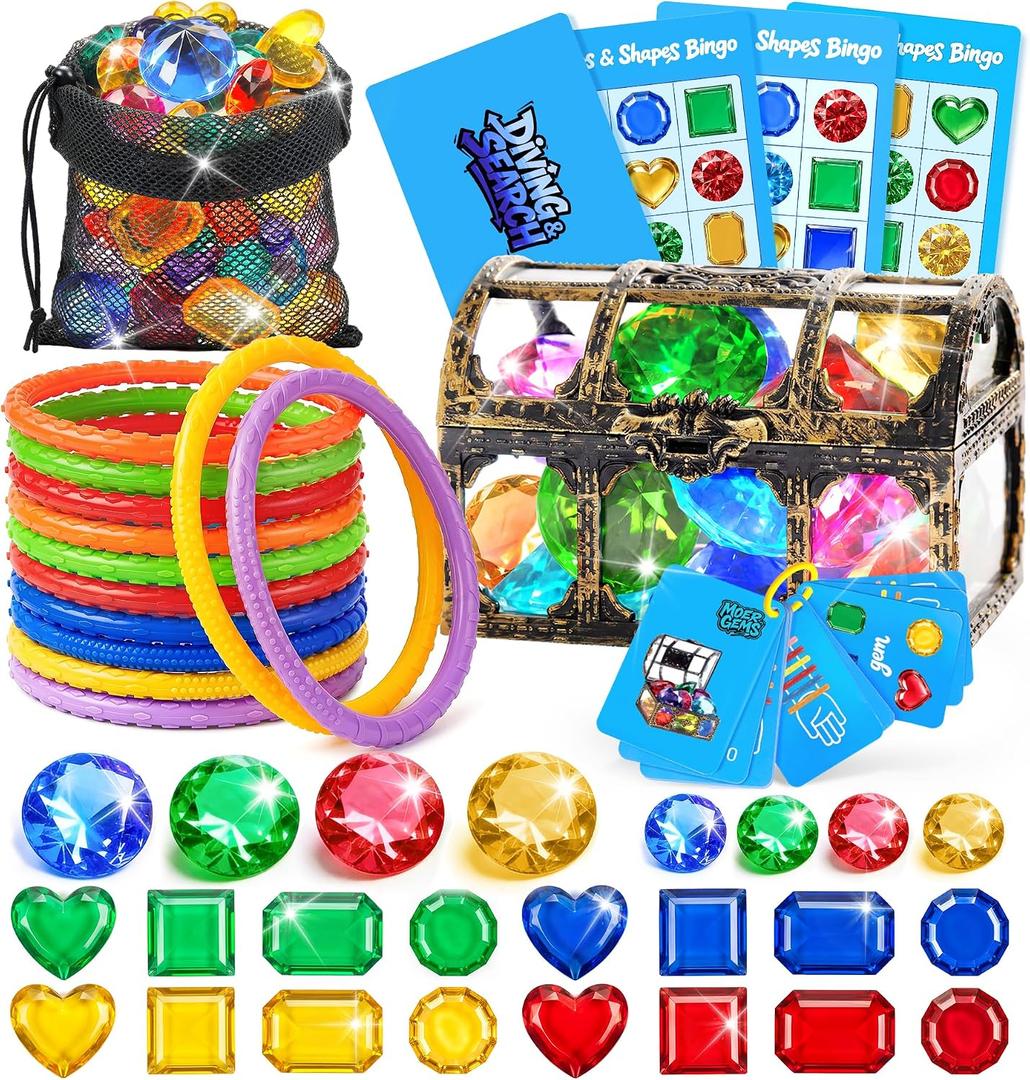 DISHIO Pool Diving Toys for Kids, Underwater Treasure Hunt Game with Pirate Chest, Diving Rings, 56PCS Gems, 40PCS Game Bingo Cards and Mesh Bag Swimming Pool Games Summer Toys for Boys Girls 4-12