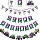Pasimy 4 Pcs Monster Truck Birthday Banner Cars Truck Garland Black and White Checkered Flags Pennants Green Purple Happy Birthday Bunting Racing Car Theme Party Decorations Supplies