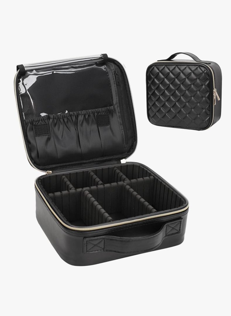 Relavel Makeup Bag, Travel Cosmetic Train Case Organizer Portable Artist Storage Bag with Adjustable Dividers for Cosmetics Makeup Brushes Toiletry Jewelry Digital Accessories Quilted Leather Black