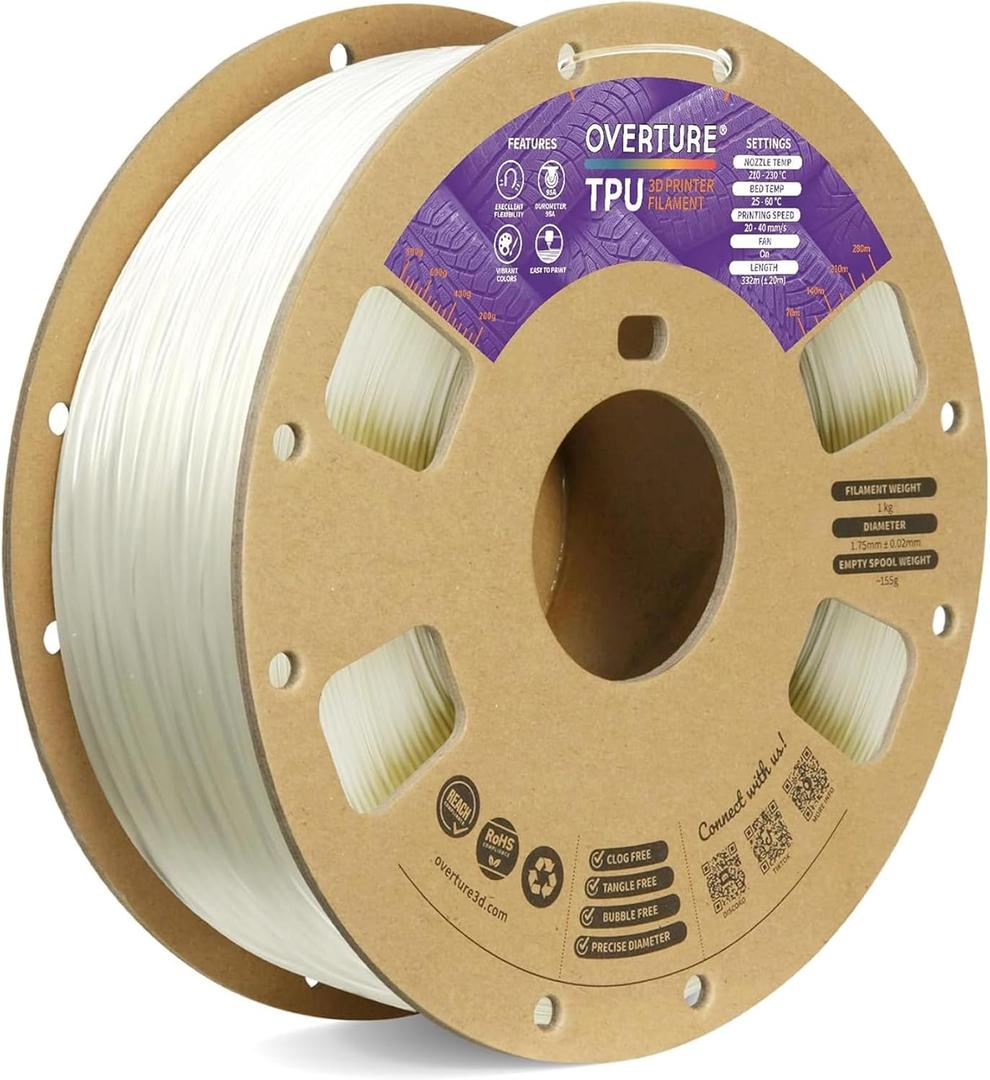 OVERTURE TPU Filament 1.75mm Flexible Roll, 95A Soft 3D Printer Filament, 1kg Spool (2.2 lbs), Fit Most FDM Printer (TPU Transparent)