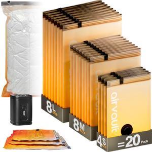 AirVault Vacuum Storage Bags for Travel & Home - Space Saver Compression Packing Bags Set for Clothes, Blankets & Seasonal Storage, Small (4), Medium (8), Large (8) (Orange,20-Pack Combo)