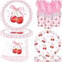 Cherry Birthday Decorations, 140Pcs Pink Bow Cherry Party Supplies Scalloped Bowknot Cherries Plates Napkins Cups Cutlery for Birthday Baby Bridal Shower Wedding Party Tableware, Serve 20