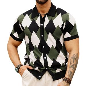 GRACE KARIN Men's Short Sleeve Argyle Cardigan Sweater Slim Fit Polo Shirts Knitwear Green L