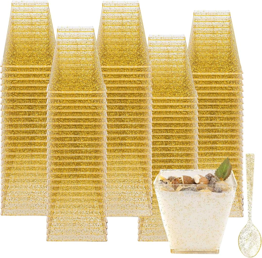 Tebery 100 Pack 8oz Gold Glitter Medium Plastic Dessert Cups With 100 Spoons Square Dessert Bowls for Tasting Party Desserts Appetizers
