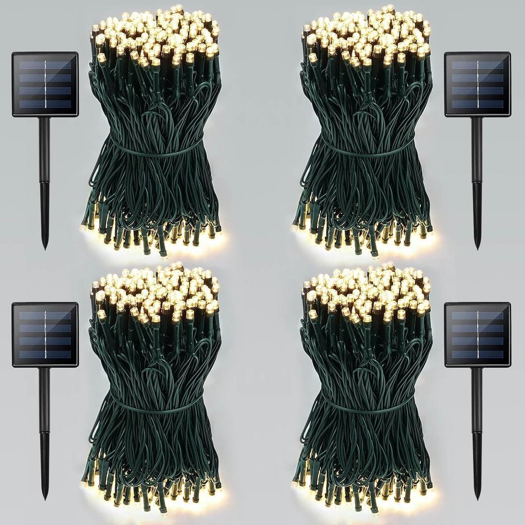 4 Pack Total 800 LED Solar Christmas Lights Outdoor, Solar String Lights for Outside with 8 Modes, Waterproof Green Wire Solar Powered Tree Light for Xmas Party Yard Garden Decorations (Warm White)