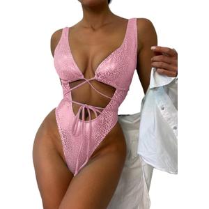 Womens Rave Wear One Piece Bodysuit Snakeskin Print Sexy Leg Rings Swimsuit for Festival Dance Rave Clothing (Small, Shiny Light Pink)