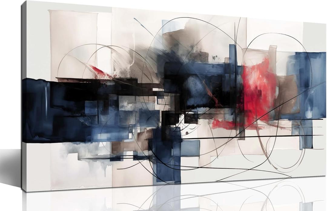 Fuwobriva Abstract Canvas Wall Art for Living Room Bedroom Office Large Wall Art Decor Abstract Wall Art Modern Black Red and Blue Geometry Painting Artwork 20"x40", 20L" x 40W"