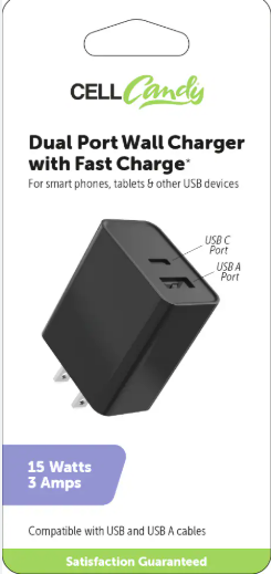 Cell Candy Fast Charge Dual Port Wall Charger and Cell Candy Phone Grip with for Smartphones